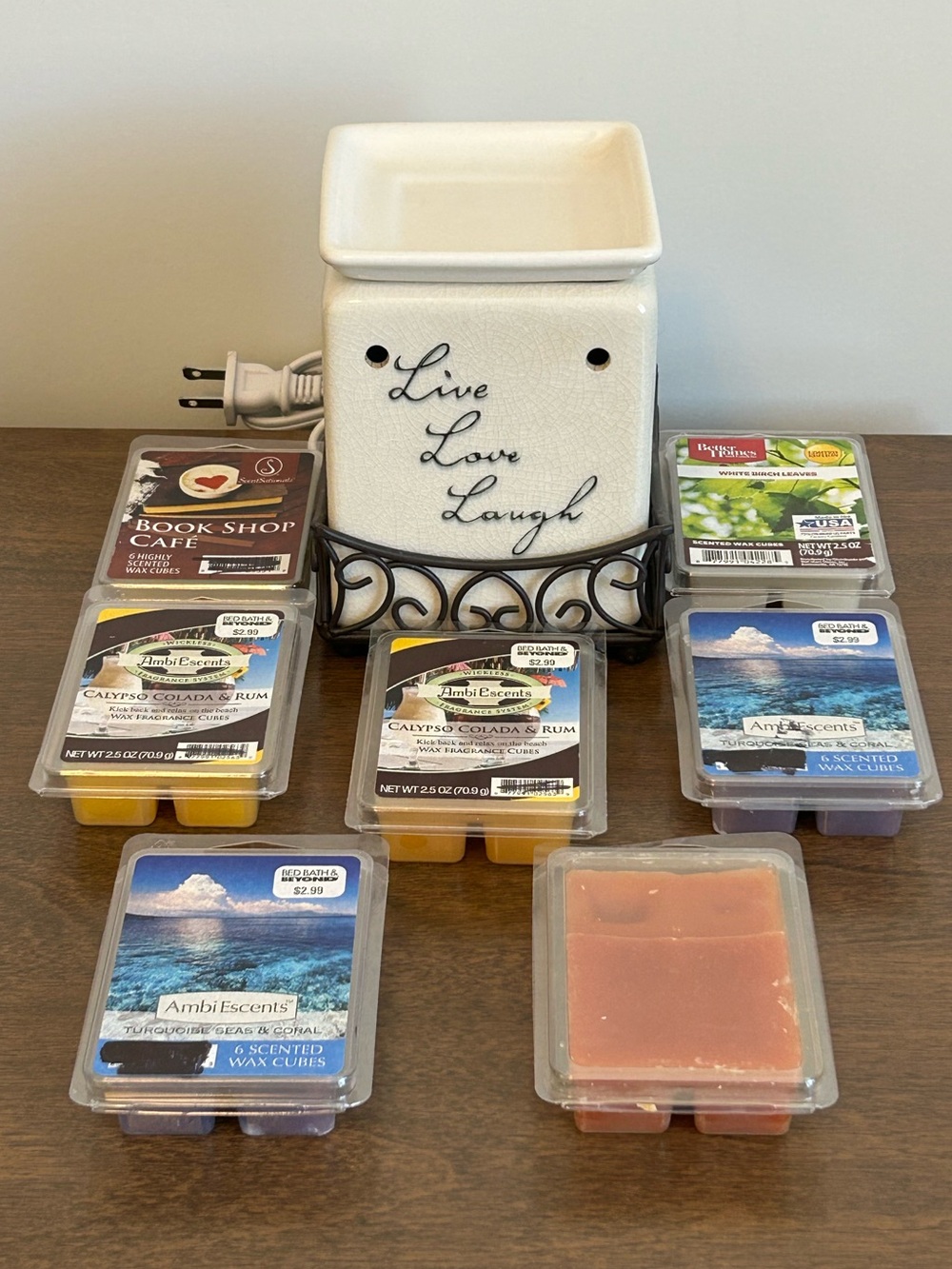 LIVE LOVE LAUGH CREAM CRACKLE WAX WARMER WITH BULB, STAND + 42 SCENTED WAX CUBES